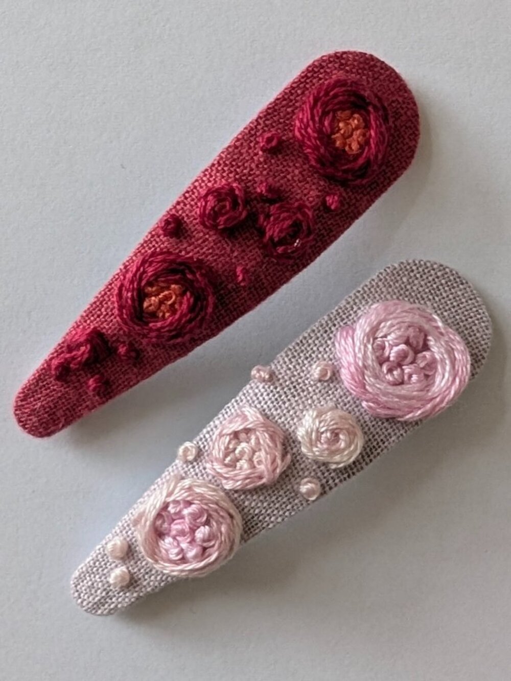 New Rosettes Duo hand embroidered linen cotton hair clips handmade accessories